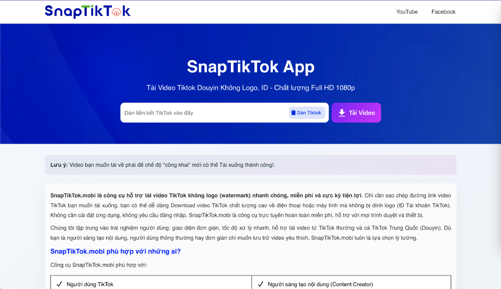 Giao diện website SnapTikTok Mobi