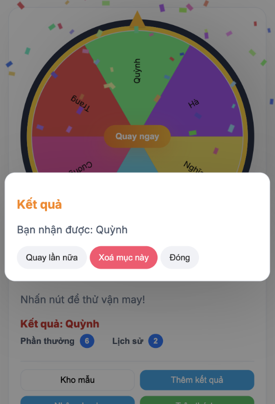 Kết quả quay trúng bạn tên Quỳnh
